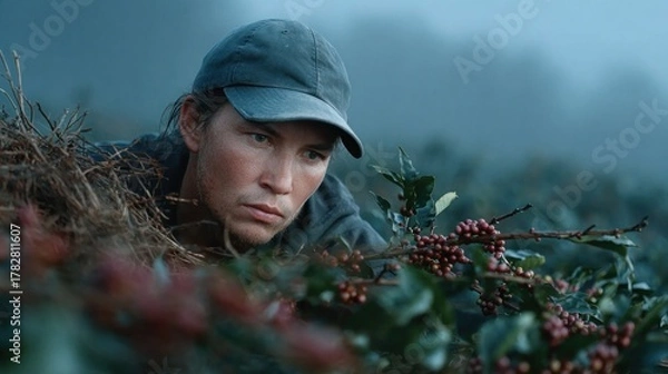 Fototapeta A person in a cap carefully examines coffee berries on a misty hillside