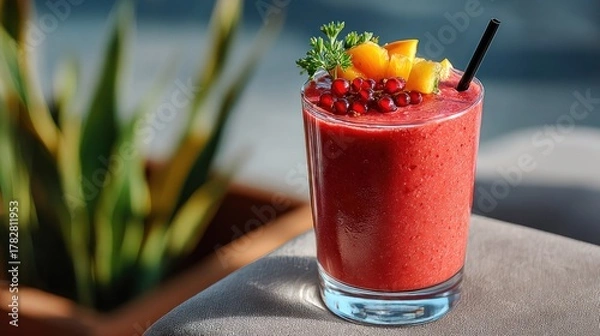 Fototapeta A refreshing red smoothie garnished with fruit and herbs, served in a glass