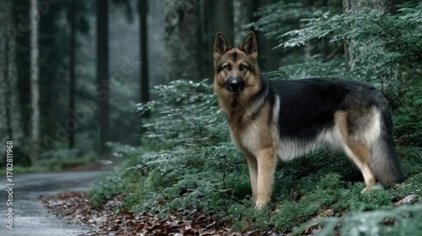 Obraz A regal German Shepherd stands alert beside a road in a lush, dark forest