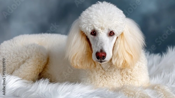 Obraz A regal white poodle lies on a fluffy white surface against a blurred blue background