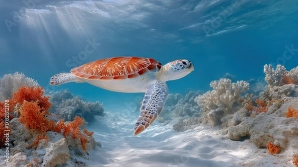 Fototapeta A sea turtle swims gracefully through sunlit, coral-filled underwater scene
