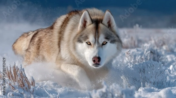 Fototapeta A Siberian husky, fur flying, running through a snowy field, with determined gaze