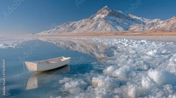 Fototapeta A small boat sits peacefully on a lake, reflecting a snowy mountain range and clear blue sky