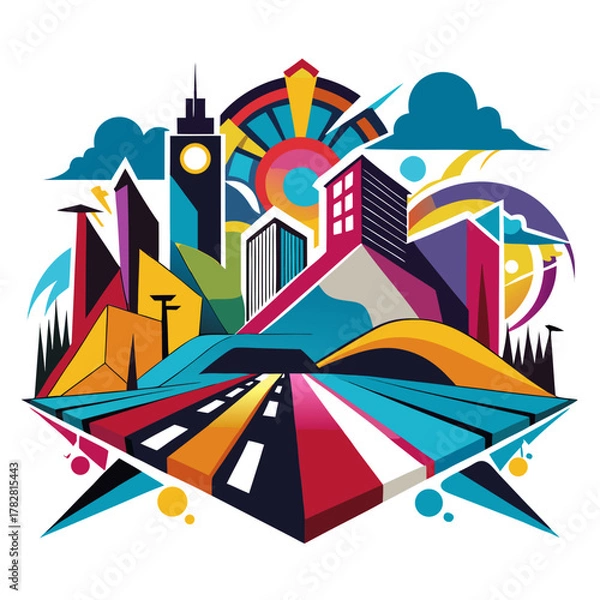 Fototapeta A dynamic, abstract illustration of a city skyline featuring geometric buildings, clouds, and a colorful road leading into the scene.