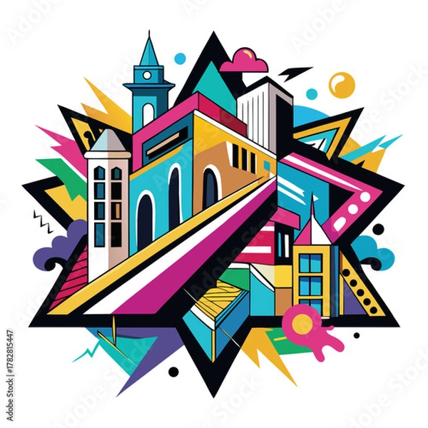 Fototapeta A stylized, abstract cityscape composed of geometric shapes and bold colors, creating a dynamic and modern urban landscape.