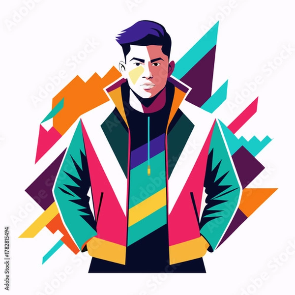 Fototapeta A vibrant illustration of a young man in a colorful jacket against a dynamic abstract geometric background.