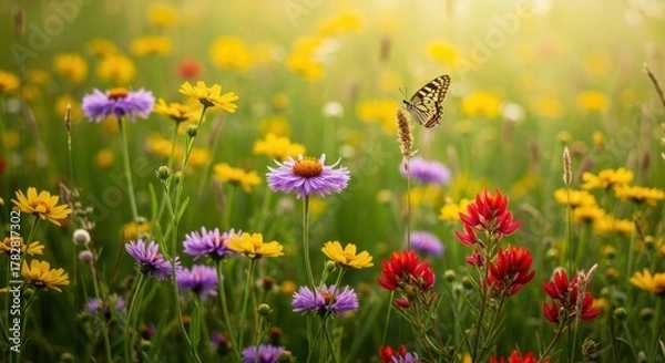 Obraz A single delicate butterfly hovers over vibrant purple, yellow, and red wildflowers in a lush meadow bathed in gentle, warm sunlight ,delicate, wildlife, ecosystem