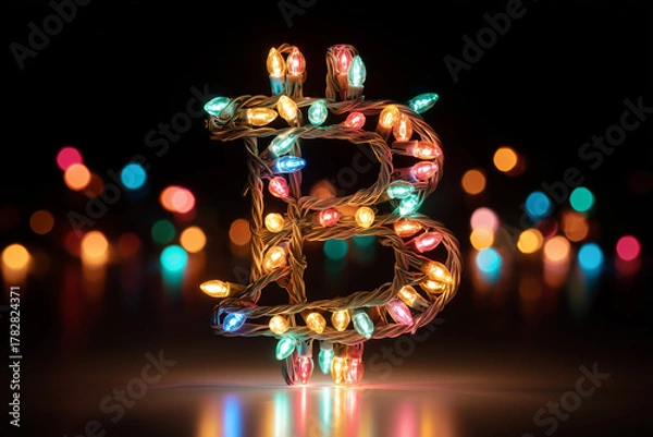 Fototapeta Bitcoin is a gold coin. Cryptocurrency concept. Virtual currency background. garlands bokeh wires and new year