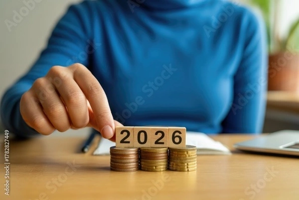 Obraz New Year 2026 business finance concept with woman stacking coins and 2026 printed on wooden blocks