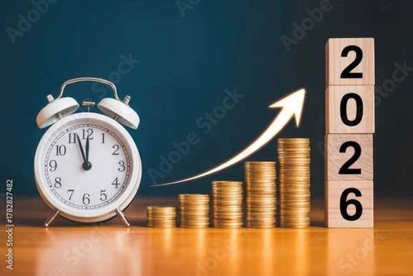Fototapeta Financial growth new year 2026 concept with clock and coin stacks showing success and rising investment