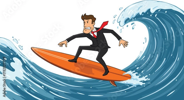 Obraz Businessman surfing wave, cartoon character illustration, corporate adventure artwork, dynamic motion concept, bold leadership symbol, cad drawing flat vector illustration