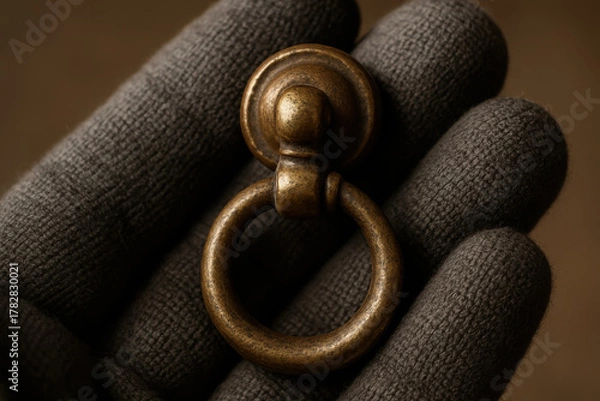 Fototapeta Vintage Cabinet Pull: An antique brass cabinet pull with a circular ring handle, elegantly held, showcasing its classic design and aged charm.