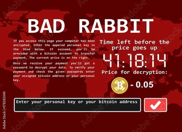 Obraz Bad rabbit ransomware computer virus encrypter cyber attack screen vector illustration