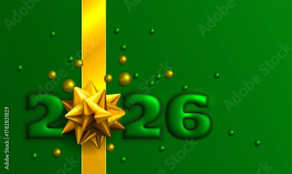 Fototapeta Festive green new year 2026 design with gold ribbon and star elements
