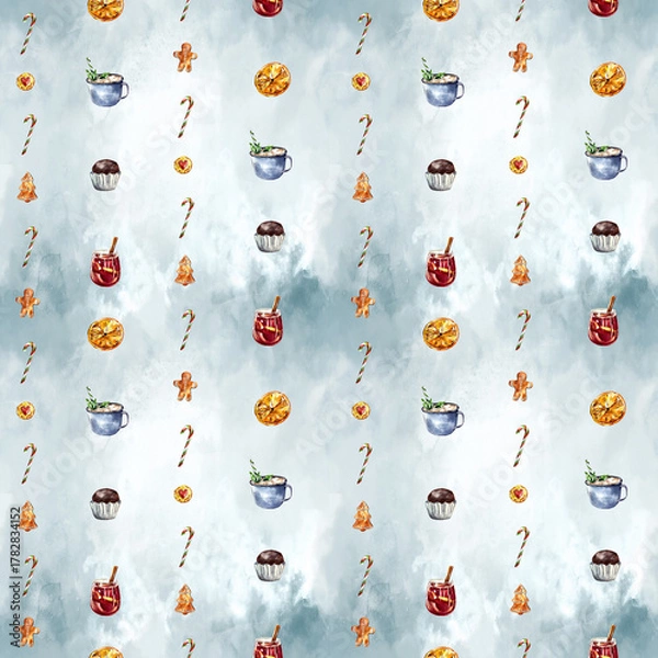 Fototapeta Watercolor Christmas seamless pattern with festive food and drinks, mulled wine, cocoa, cupcakes, gingerbread cookies, candy canes, and oranges. Perfect for wrapping paper, textiles, or holiday decor.