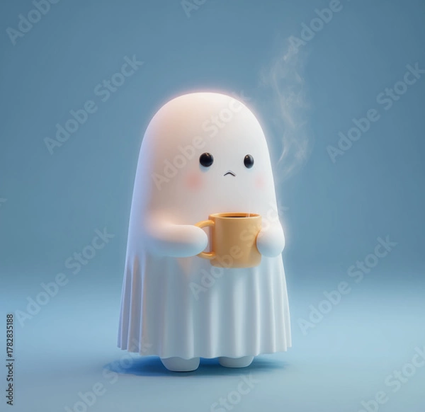 Obraz 3d cute ghost, holding a coffee cup