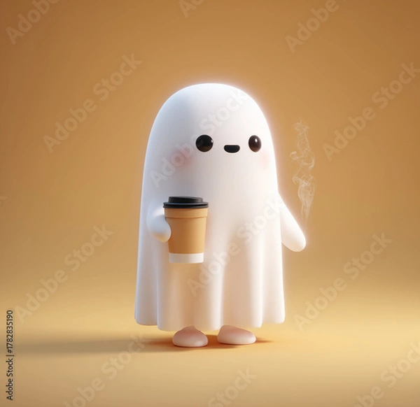 Obraz 3d cute ghost, holding a coffee cup