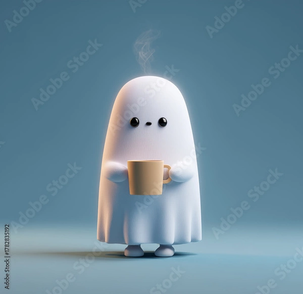Obraz 3d cute ghost, holding a coffee cup
