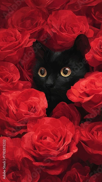 Obraz Black cat on red rose petals