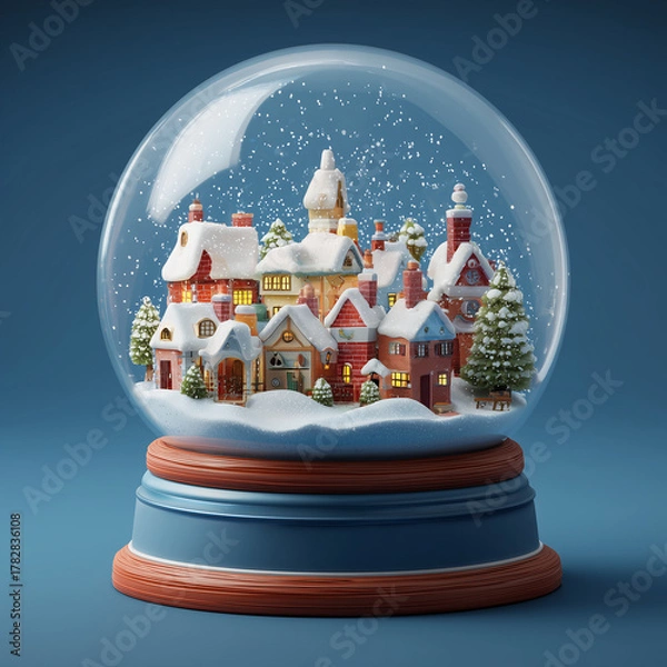 Fototapeta A snow globe with snow, stars, inside is a small house and trees on a solid background	