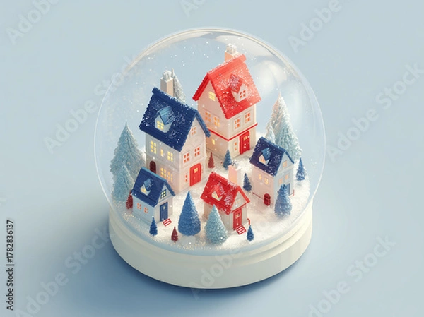 Fototapeta A snow globe with snow, stars, inside is a small house and trees on a solid background	
