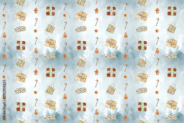 Fototapeta Watercolor Christmas seamless pattern with festive gift boxes, holiday sweets, cookies, candy canes, and oranges. Perfect for wrapping paper, textiles, wallpaper, and festive design projects.