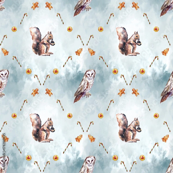 Fototapeta Watercolor Christmas seamless pattern with winter forest animals and festive treats. Features deer, fox, owl, squirrel, gingerbread cookies, dried oranges, and candy canes. 