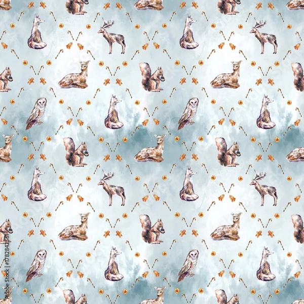 Fototapeta Watercolor Christmas seamless pattern with winter forest animals and festive treats. Features deer, fox, owl, squirrel, gingerbread cookies, dried oranges, and candy canes. 
