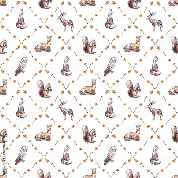 Fototapeta Watercolor Christmas seamless pattern with winter forest animals and festive treats. Features deer, fox, owl, squirrel, gingerbread cookies, dried oranges, and candy canes. 
