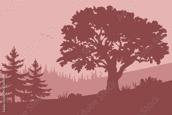 Fototapeta tree and hillside silhouette landscape with conifer forest behind