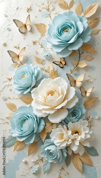 Obraz Elegant 3D floral composition with blue and white roses golden leaves and butterflies.