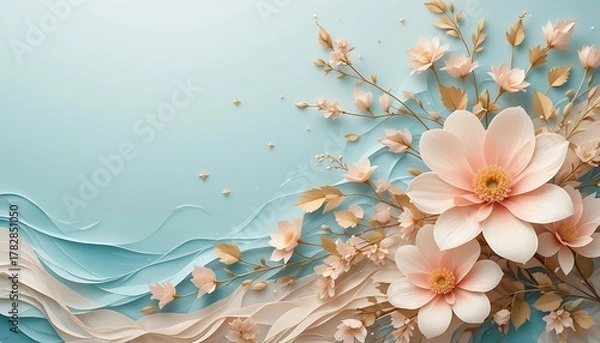 Fototapeta Elegant 3D Paper Flowers on a Serene Blue Wavy Background.