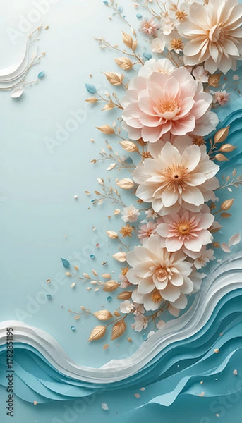 Fototapeta Elegant 3D Papercraft Flowers on Blue Background.