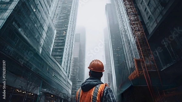 Fototapeta Construction worker in hard hat and safety vest stands in downtown, looking up at skyscrapers and a tower crane  symbolizing urban development, infrastructure and ambition