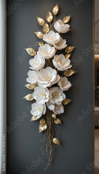 Obraz Elegant 3D wall art with white flowers and golden leaves.