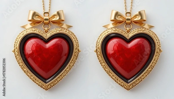 Fototapeta Elegant Golden Heart Lockets with Red Gems and Bows on a White Background.