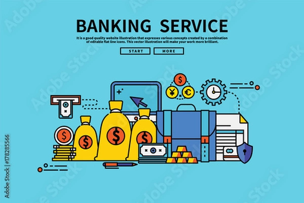 Fototapeta Vintage retro color style flat line vector editable graphic illustration, banking service