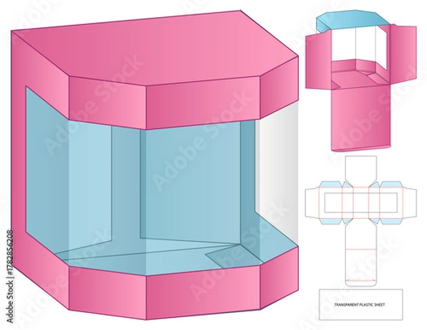 Obraz Transparent Plastic Box Dieline Vector with Colored Net and 3D Assembly View