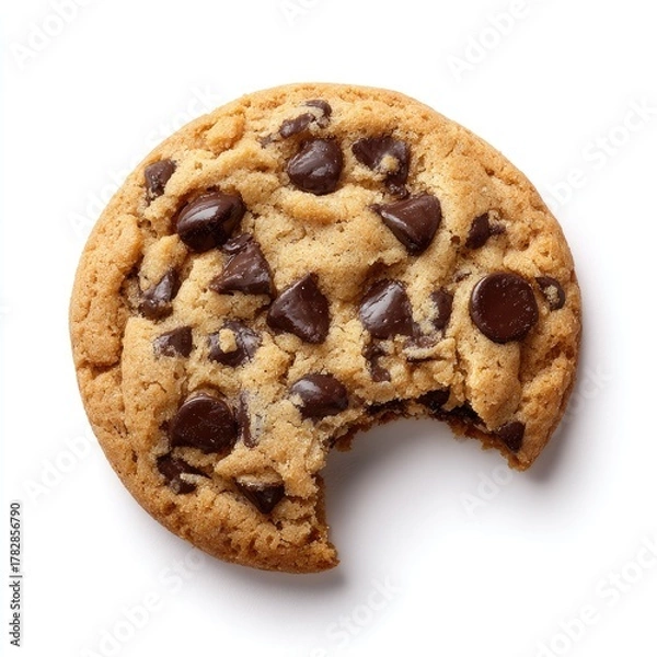 Fototapeta Bitten chocolate chip cookie, flat, round