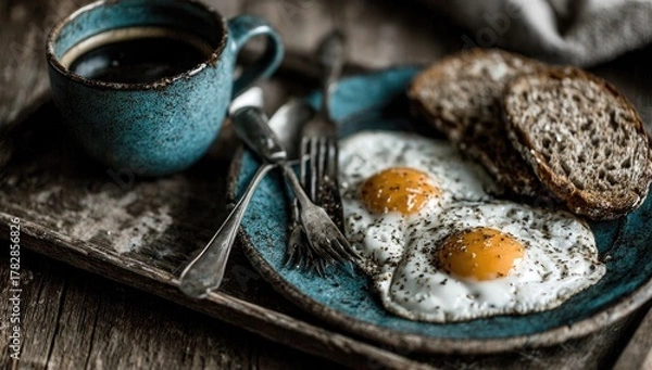 Fototapeta Breakfast still life eggs, toast, coffee on rustic tray