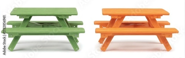 Obraz Two picnic tables green and orange, on white ground