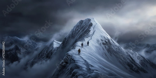 Fototapeta Mountaineers climbing towards the summit of a snowy peak