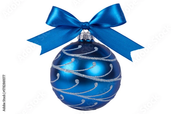 Obraz Elegant blue Christmas ornament with silver glitter swirls and matching ribbon bow, perfect for holiday decorations and festive designs