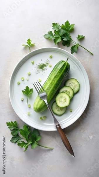 Fototapeta Crunchy cucumber slice on white plate with knife and fresh herbs for salad garnish