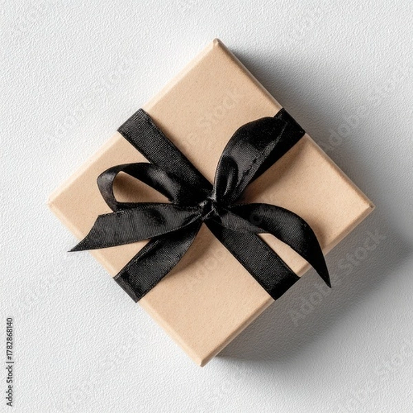 Obraz Gift box with black ribbon bow on clean neutral surface