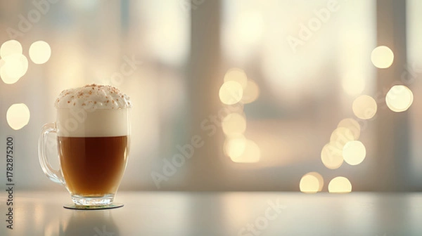 Obraz Warm coffee with foam on table bokeh background