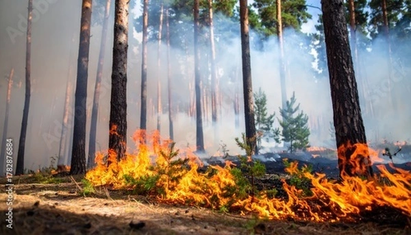 Fototapeta Forest fire with vibrant orange flames and dense smoke consuming pine trees and undergrowth in a dry natural environment.