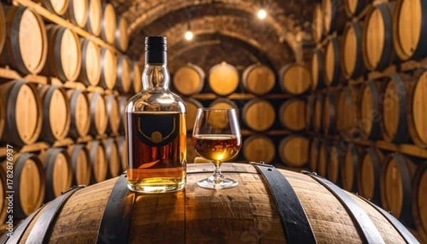 Fototapeta Bottle of aged whiskey and glass on a wooden barrel in a dark, rustic cellar. Rows of oak casks for spirit aging in a traditional distillery or winery storage.