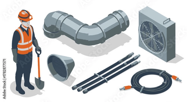 Fototapeta Isometric Construction Elements Worker, Pipes & Air Conditioning