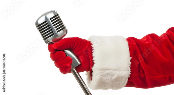 Obraz Santa hand holding vintage microphone, isolated on white — ideal for festive radio, podcast or entertainment themes.